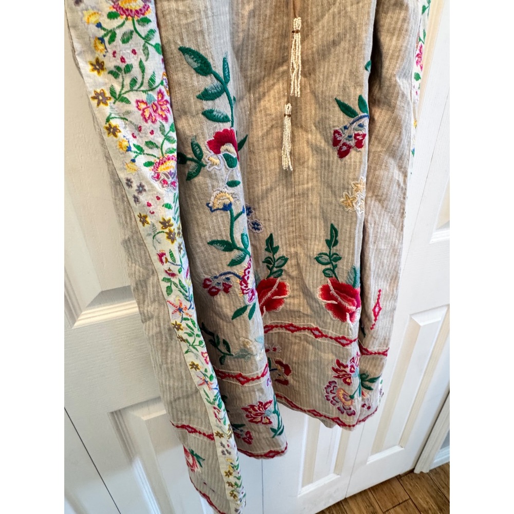 Johnny Was Sloane Drawstring Tank Dress Linen Floral Embroidered Midi Tan Small - Picture 7 of 9